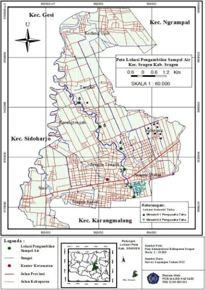 Gambar 1.2 Peta Lokasi Induatri Tahu Dan Pengambilan Sampel Air KecamatanSragen Kabupaten Sragen