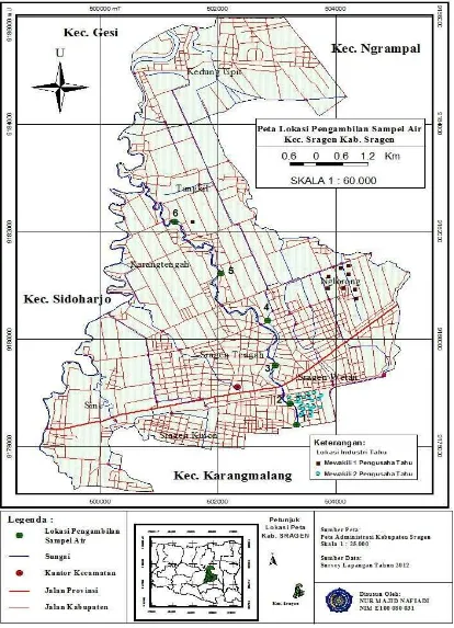 Gambar 11 Peta Lokasi Induatri Tahu Dan Pengambilan Sampel Air Kecamatan Sragen Kabupaten Sragen 