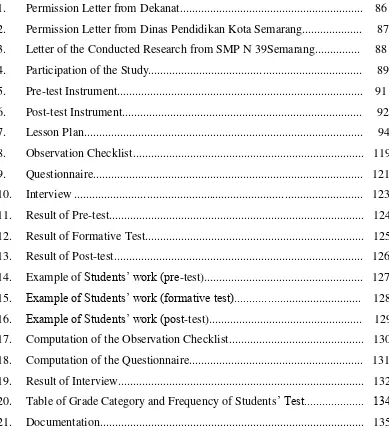 Table of Grade Category and Frequency of Students‟ Test....................   134 