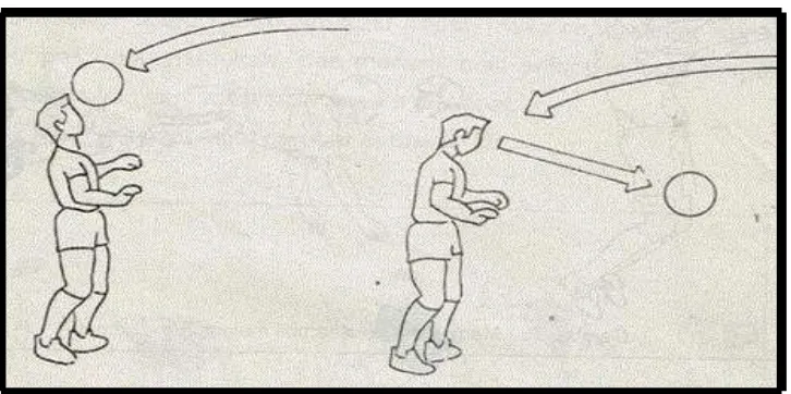 Gambar 2.9 Menyundul bola sambil berdiri  (Sumber : Sucipto, dkk, 2000:33). 