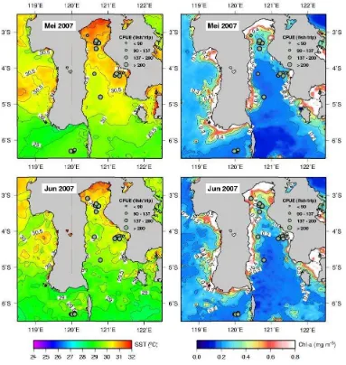 Figure 1.  The Spatial Distribution of Skipjack CPUE (Skipjack/Fishing-Boat Days) From Pole and Line Fishery Overlain on MODIS SST in May (a) and June (c) and MODIS Chl-a in May (b) and June (d) 2007