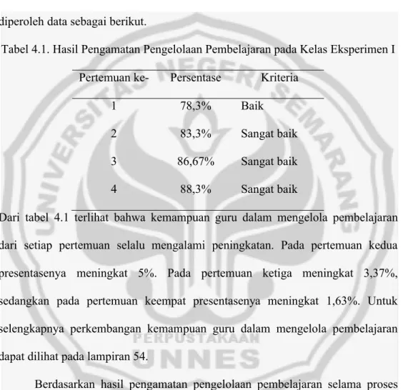 Tabel 4.1. Hasil Pengamatan Pengelolaan Pembelajaran pada Kelas Eksperimen I Pertemuan ke- Persentase Kriteria