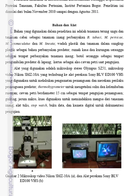 Gambar 2 Mikroskop video Nikon SMZ-10A (a), dan Alat perekam Sony BLV 