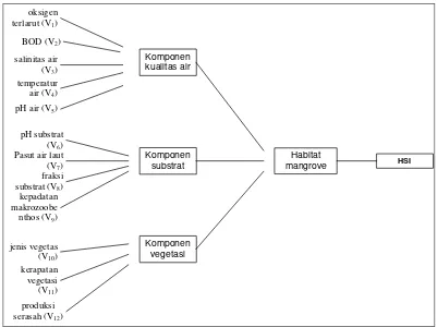 Gambar 17  Hubungan antara variabel habitat dengan kebutuhan hidup untuk HSI kepiting bakau Scylla serrata (juvenil dan dewasa) 