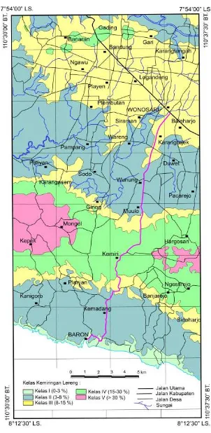 Gambar 2. Peta Pembagian Kemiringan Lereng Jalur Baron - Wonosari dan Daerah Sekitarnya
