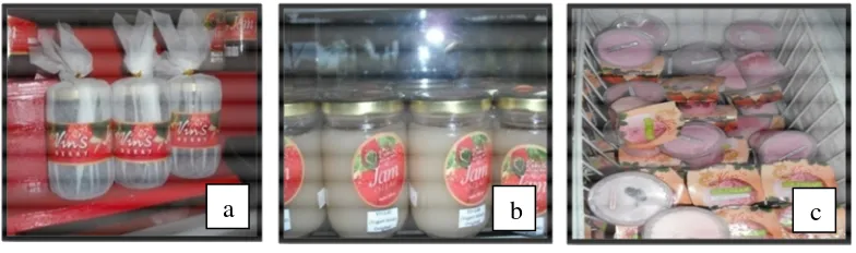 Gambar 7. Produk Olahan Stroberi di Vin’s Berry Park; (a) Selai,  (b) Yoghurt-Selai (Yolai), (c) Ice Cream 