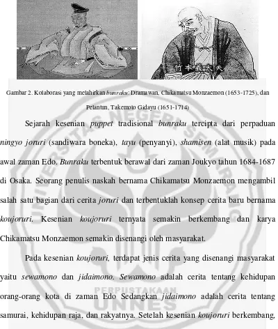 Gambar 2. Kolaborasi yang melahirkan bunraku: Dramawan, Chikamatsu Monzaemon (1653-1725), dan 