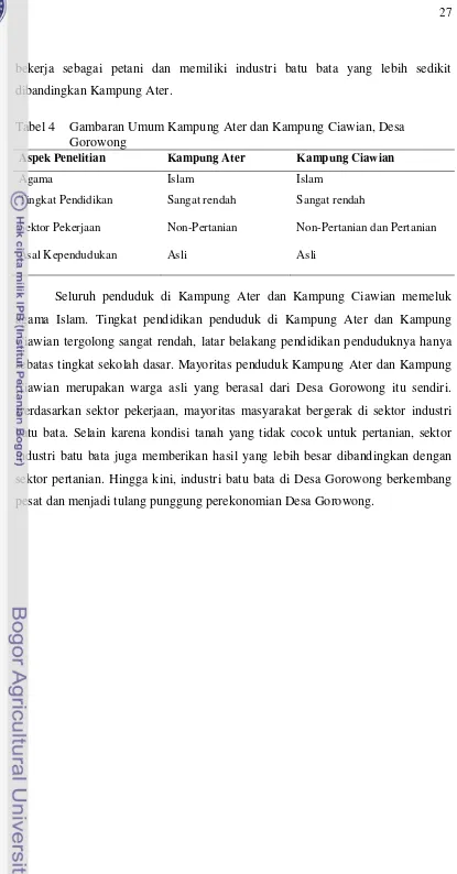 Tabel 4 Gambaran Umum Kampung Ater dan Kampung Ciawian, Desa   