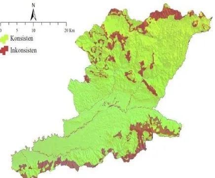 Gambar 12.  Konsistensi penggunaan lahan 2015  dengan alokasi pola ruang dalam RTRW di wilayah Penelitian