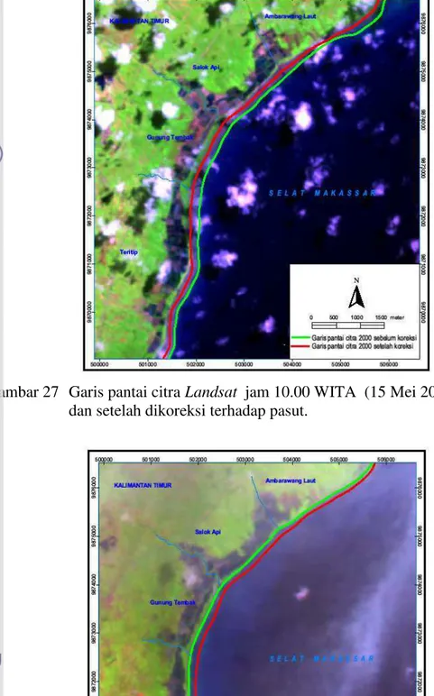 Gambar 28  Garis pantai citra Landsat jam 10.00 WITA  (8 Maret 2007)  sebelum   dan setelah dikoreksi terhadap pasut