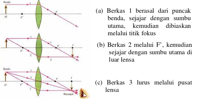 Gambar 12.26. Berkas-berkas paralel yang difokuskan oleh lensa tipis (a) lensa konvergen (b) lensa divergen 