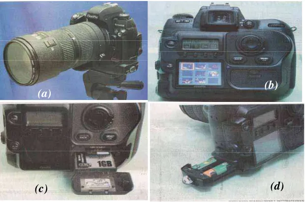 Gambar 12.41. Kamera terkini yang dilengkapi dengan pemfokus dan external memori untuk menyimpan data digital  (a) tampak depan     (b) tampak belakang   (c) external memori   (d) baterai yang bisa diisi ulang