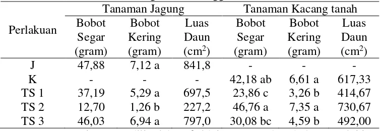Tabel 5. Rerata Bobot Segar, Bobot Kering dan Luas Daun Tanaman Jagung dan Tanaman Kacang Tanah Minggu ke-3 