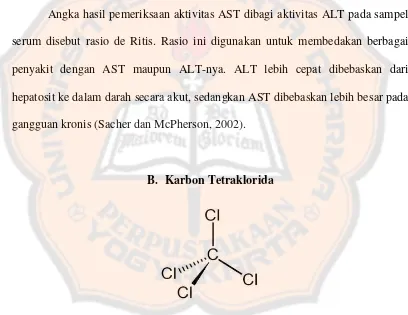 Gambar 2. Struktur molekul karbon tetraklorida(Direktorat Jenderal Pengawasan Obat dan Makanan RI, 1995)