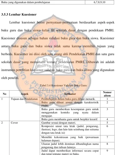 Tabel 3.4 Kuesioner Validasi Buku Guru 