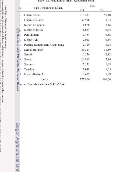 Tabel  12  Penggunaan lahan  Kabupaten Solok