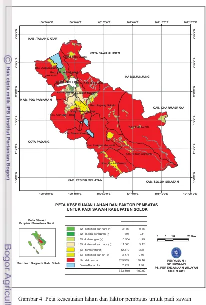 Gambar 4 Peta kesesuaian lahan dan faktor pembatas untuk padi sawah