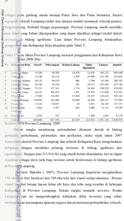 Tabel 5Tabel 5 Luas lahan Provinsi Lampung menurut penggunaan dan Kabupaten Kota LuLLuLLLLuLLuLLuLLuLLuLLuLLuLLLuuuuuuuuuuuu a
