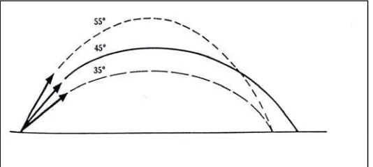 Gambar 6. Lintasan gerak yang ditentukan oleh bola dengan kecepatan yang sama pada sudut yang berbeda