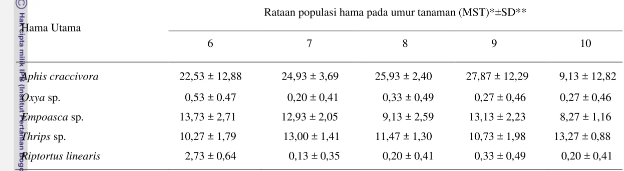 Tabel 1 Populasi rata-rata  hama utama per unit contoh pada pertanaman kacang panjang fase generatif tanpa aplikasi insektisida 