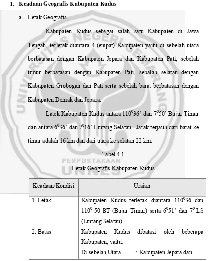 Tabel 4.1 Letak Geografis Kabupaten Kudus 
