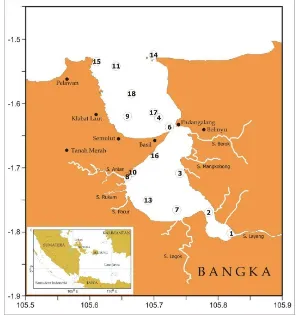 Gambar 1. Peta stasiun penelitian Teluk Kelabat, Pulau Bangka 