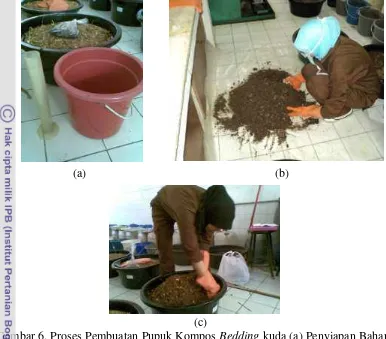 Gambar 6. Proses Pembuatan Pupuk Kompos Bedding kuda (a) Penyiapan Bahan; 