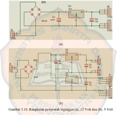 Gambar 3.10. Rangkaian penyearah tegangan (a). 12 Volt dan (b). 5 Volt 