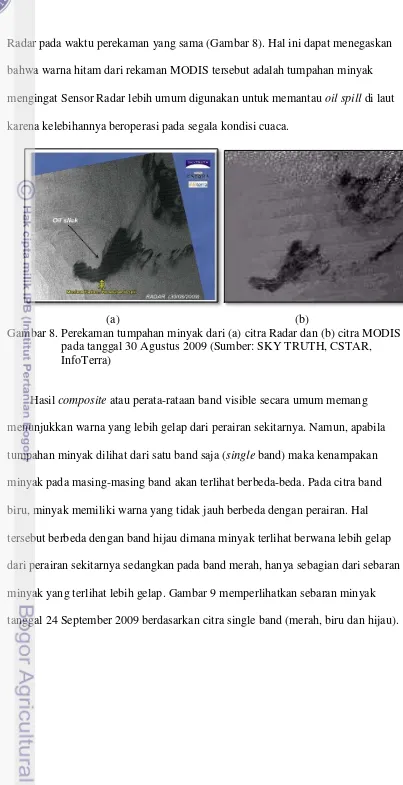Gambar 8. Perekaman tumpahan minyak dari (a) citra Radar dan (b) citra MODIS  