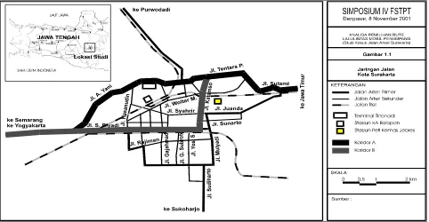 Gambar 1.  Jaringan Jalan Surakarta dan Koridor yang diamati 