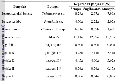 Tabel 7Keparahan penyakit pada tanaman nanas di tiga desa contoh (Sempu,