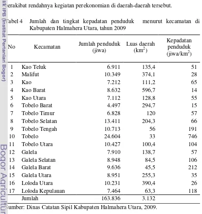Tabel 4 Jumlah dan tingkat kepadatan penduduk  menurut kecamatan di 