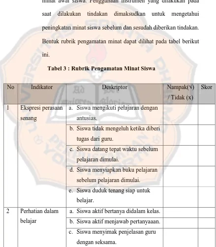 Tabel 3 : Rubrik Pengamatan Minat Siswa 