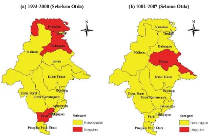 Gambar 5. Lokasi Pertambangan dan Penggalian di Kaltim, 1993-2000 (Sebelum Otda) dan  2001-2007 (Selama Otda) 