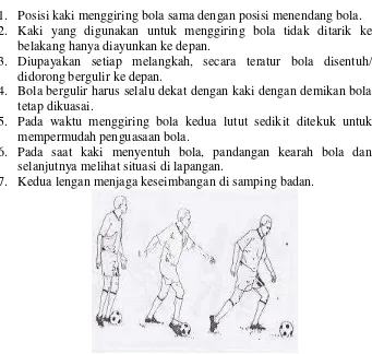 Gambar 9. Menggiring Bola dengan Kaki Bagian Dalam (Sumber: Sucipto, dkk, 2000:29) 
