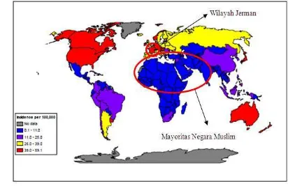 Gambar  9. Pemetaan kejadian kanker kolorektal (pada pria) di seluruh dunia (GLOBOCAN 2002 dalam Mohr et al