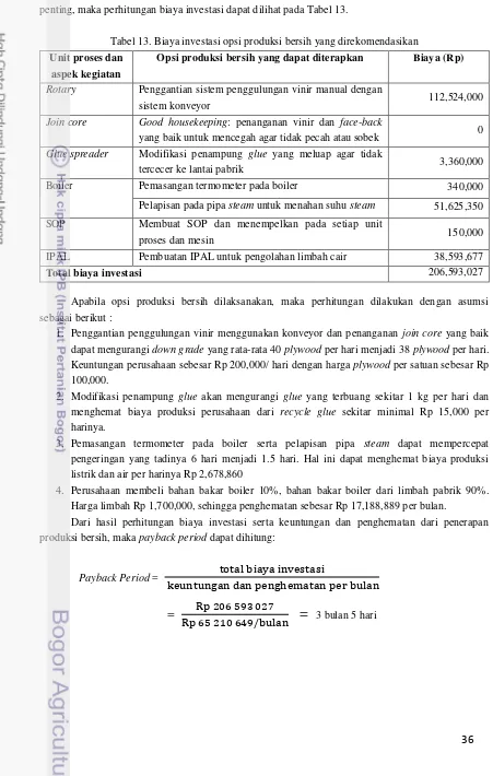 Tabel 13. Biaya investasi opsi produksi bersih yang direkomendasikan 