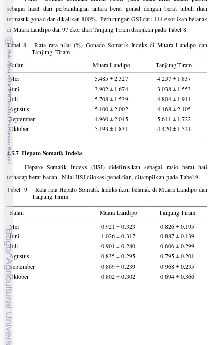 Tabel 8   Rata rata nilai (%) Gonado Somatik Indeks di Muara Landipo dan   