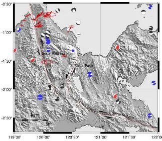 Gambar 8. Penampakan sesar Palu-Koro dan sesar Poso dari data SRTM serta model                   mekanisme gempa yang terjadi disekitarnya