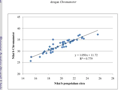 Gambar 31. Hubungan antara nilai b hasil perhitungan wortel latar belakang hitam pengolahan citra dengan Chromameter