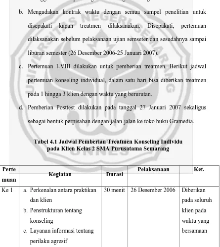 Tabel 4.1 Jadwal Pemberian Treatmen Konseling Individu  pada Klien Kelas 2 SMA Purusatama Semarang 