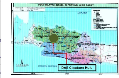 Gambar 3.3.  Gambar 3.2  Peta  wilayah DAS Cisadane dan wilayah sungai  Lokasi penelitian secara visual disajikan pada Gambar 3.2,  dan lainnya di Jawa Barat; Gambar 3.3 Peta Lokasi Penelitian dan banyaknya Perusahaan yang mengelola air permukaan di DAS Ci