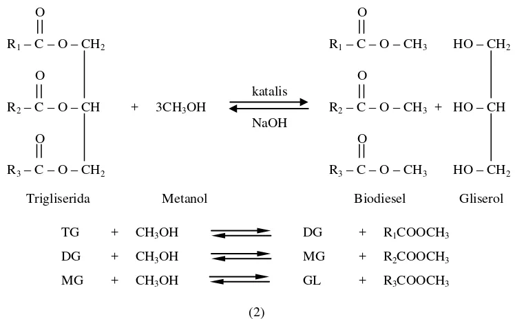 Gambar 4. Mekanisme Transesterifikasi; (1) Mekanisme reaksi umum trigliserida dengan alkohol  dari jenis metanol; (2) Tiga reaksi berurutan dan reversible [R1,2,3 = asam lemak] 