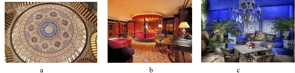 Gambar 2.12. a) Kubah bermotif  b) Pemasangan karpet pada interior c) Interior arab 