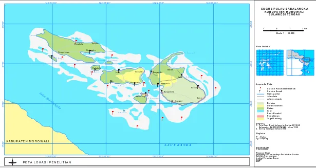 Gambar 5 Lokasi Penelitian Analisis Ruang Ekologis Pemanfaatan Sumberdaya Pulau-pulau Kecil untuk Budidaya Rumput Laut Gugus Pulau Salabangka, Kabupaten Morowali, Propinsi Sulawesi Tengah