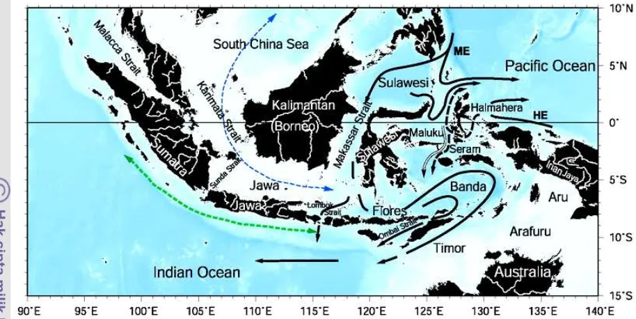 Gambar 1 Massa Air Thermocline Pasifik Utara dan Pasifik Selatan serta Massa Air Permukaan yang Disebabkan Monsoon (Susanto dan Gordon 2005)