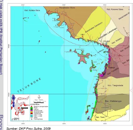 Gambar 6 Peta Lokasi Penelitian dan Posisi Stasiun Pengamatan di Teluk Bone, 