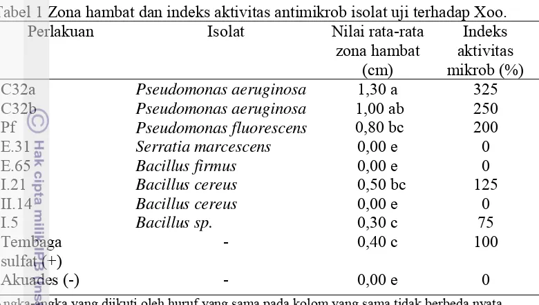 Tabel 1 Zona hambat dan indeks aktivitas antimikrob isolat uji terhadap Xoo.  