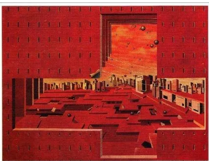Gambar 5. Contoh lukisan yang menghadirkan keruangan Rusnoto Susanto “Electic City IV” Akrilik diatas kanvas, 200X150 (Sumber: katalog Pameran Virtual displacement)  