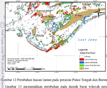 Gambar 12 Perubahan luasan lamun pada perairan Pulau Tengah dan Burung Gambar 13 menunjukkan perubahan pada daerah barat wilayah perairan gugus Pulau Pari dimana terdapat Pulau Tikus dan Kongsi Barat, luasan ekosistem lamun yang bertambah maupun yang berku